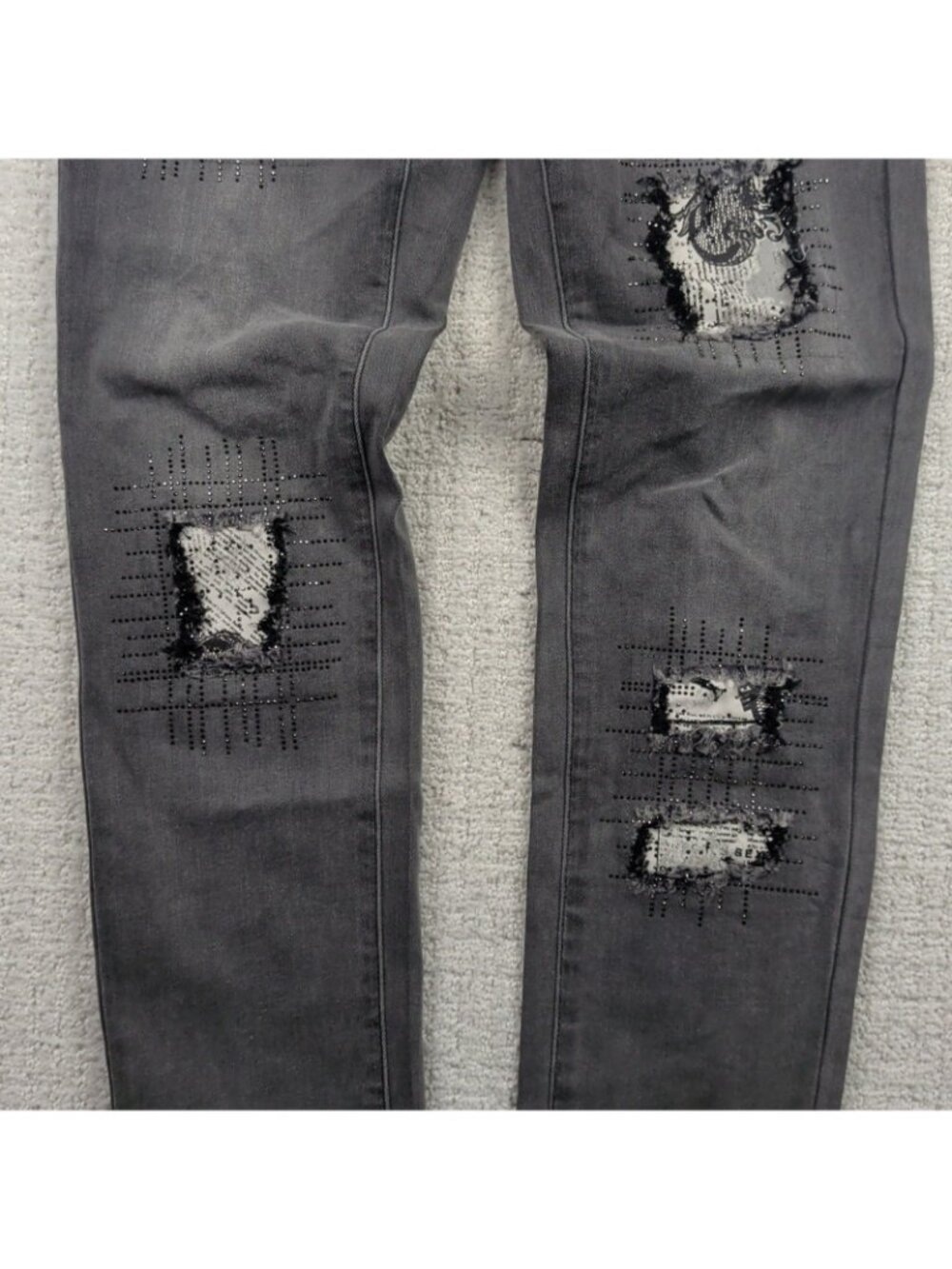 Joseph Ribkoff Dark Gray Distressed Patchwork Rhinestone Jeans Grunge Alt Read - Picture 3 of 9